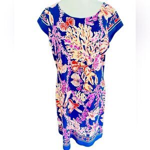 Barbara Erickson Vibrant Blue and Pink Coral Undersea Print Dress size Large